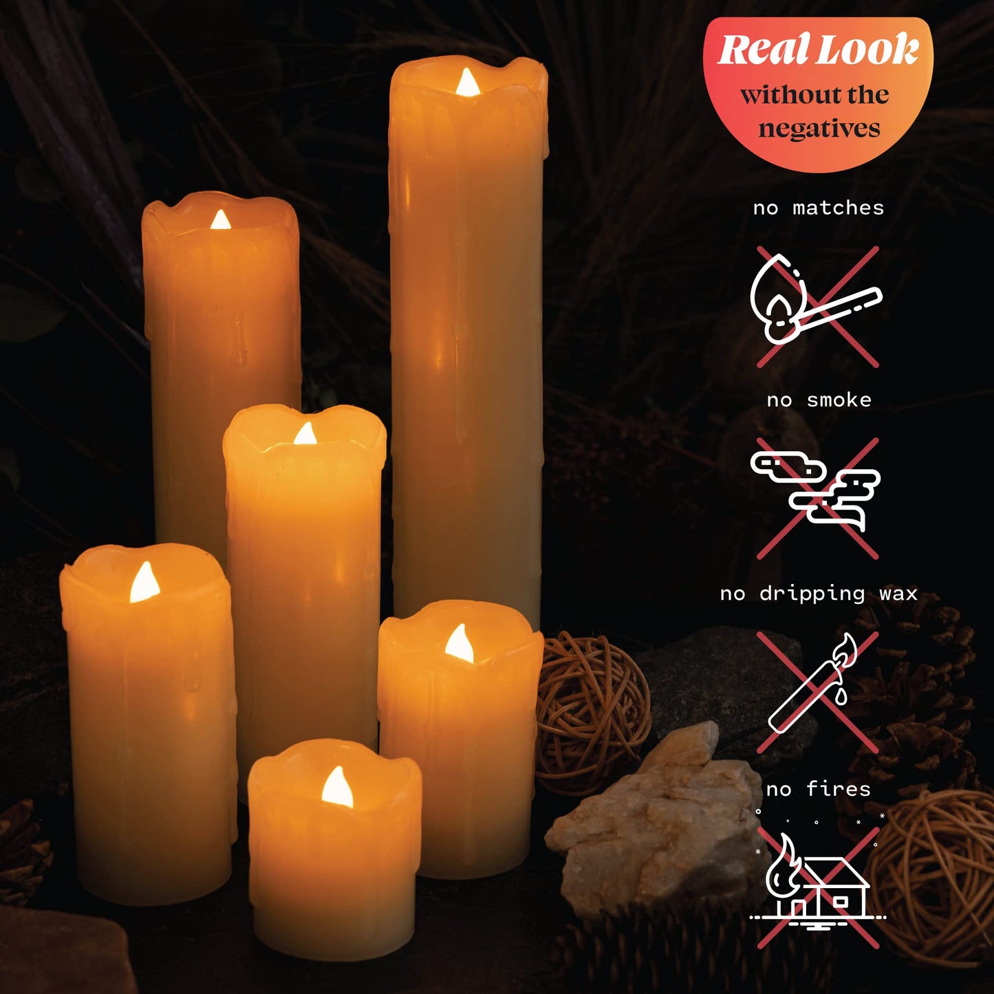 WYZworks LED Flickering Flameless Melting Ivory Timer Candles, Set of 6 Faux Dripping Wax, Battery Operated for Christmas Valentine Halloween Holiday Viking Gothic Decor 2" Wide and 2-9" Tall Pillar