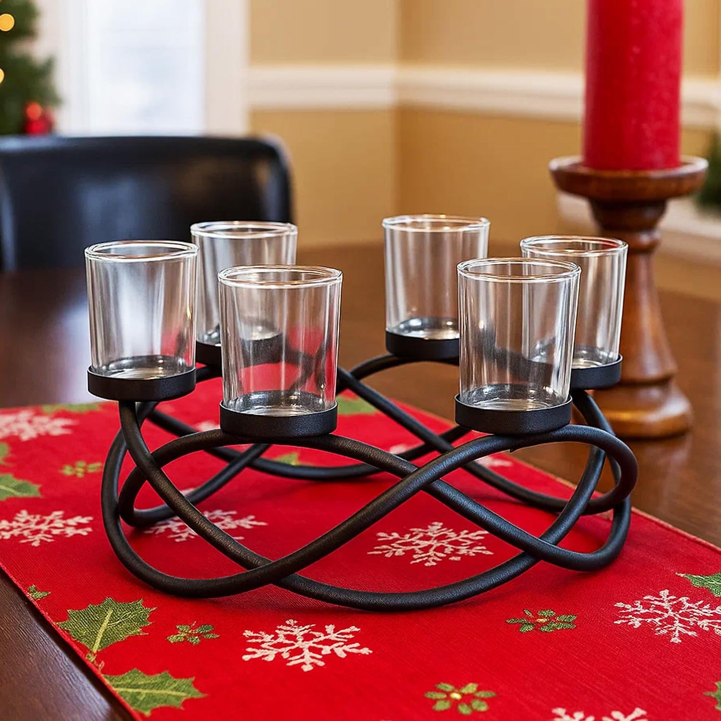 Seraphic Candle Holder Centerpiece for Tables, Outdoor Patio Umbrella Centerpieces, Round Dining Room Table Decor, Wrought Iron 6 Cup Candelabra, Modern Rustic Kitchen Island Tabletop, Black/Clear