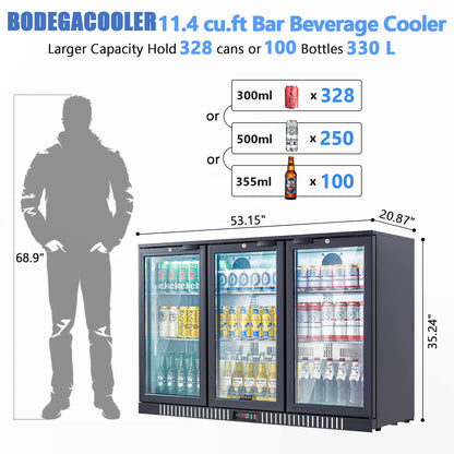 BODEGA BODEGACOOLER Commercial Bar Cooler With 3 Glass Doors,11.4 Cu.Ft Under Counter Beverage Refrigerator,Back Bar Refrigerator,Commercial Display Drink Fridge,LED Lighting Beer Wine Soda Drinks