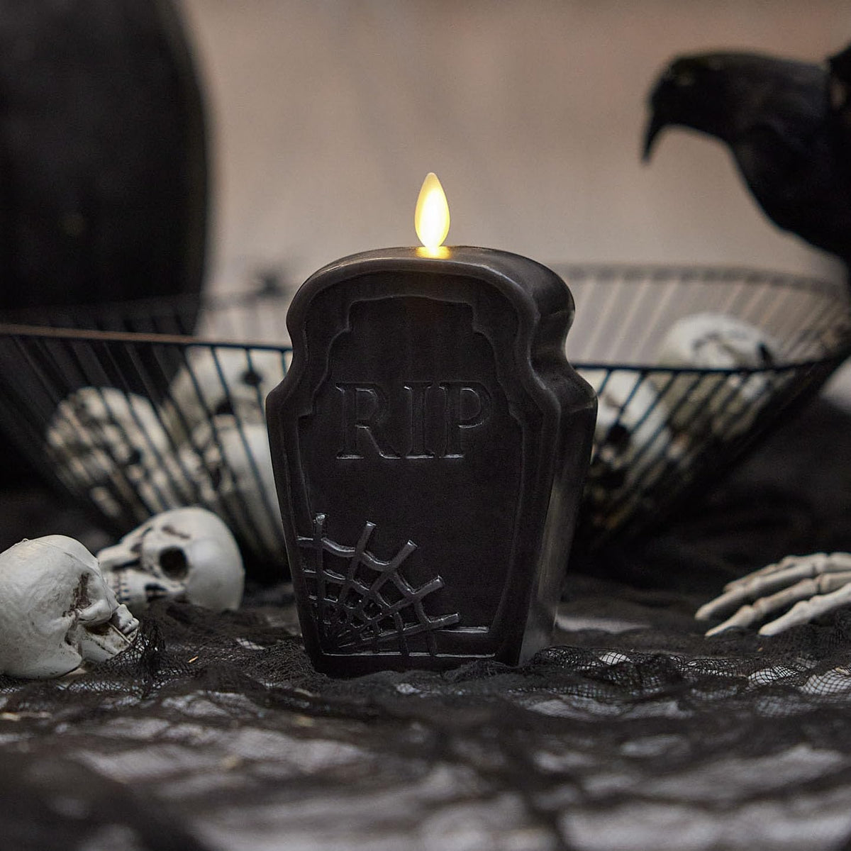 Luminara Black Flameless Candle RIP Tombstone Figural (2" x 5.5") Moving Flame Battery Operated LED Candle Lights Halloween Decoration
