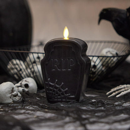 Luminara Black Flameless Candle RIP Tombstone Figural (2" x 5.5") Moving Flame Battery Operated LED Candle Lights Halloween Decoration
