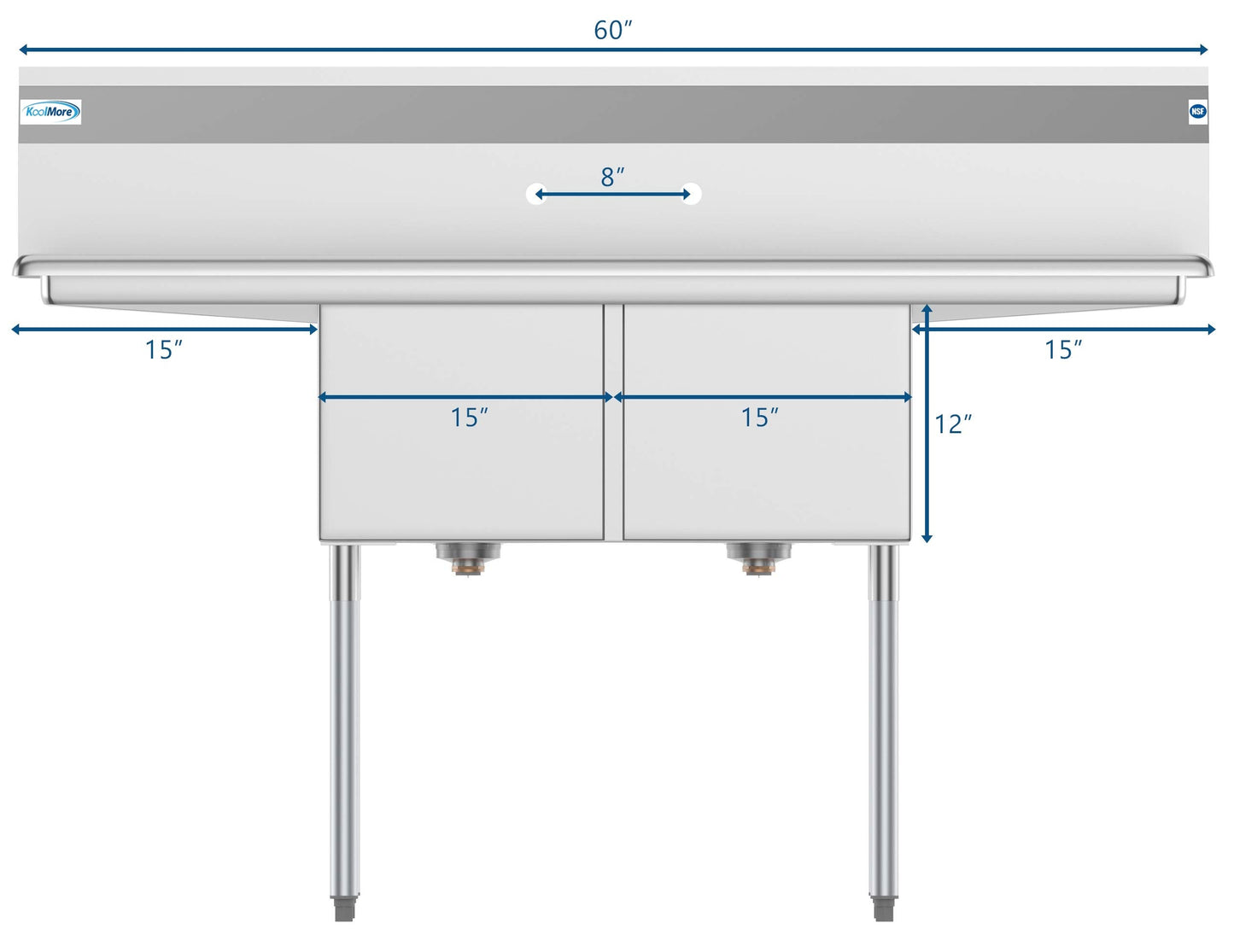 KoolMore 2 Compartment Stainless Steel NSF Commercial Kitchen Prep & Utility Sink with 2 Drainboards - Bowl Size 15" x 15" x 12", Silver,SB151512-15B3