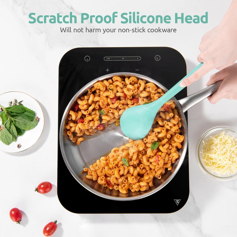600ºF Heat Resistant Silicone Spoons: U-Taste 13.3in Solid & Slotted Kitchen Cooking Tool, Nonstick Long Rubber Utensil, Sturdy for Mixing, Serving, Stirring, Frying, Basting (Aqua Sky, 2PCS)