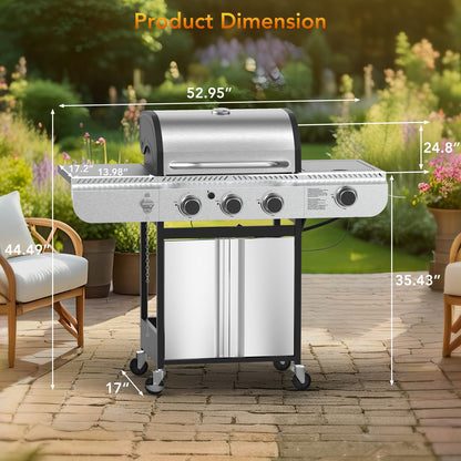 3-Burner Propane Gas Grill with Side Burner,Stainless Steel BBQ Grill with Porcelain-Enameled Cast Iron Grates,37000 BTU Barbecue Grill, Suitable for Patio,Camping,Outdoor Cooking