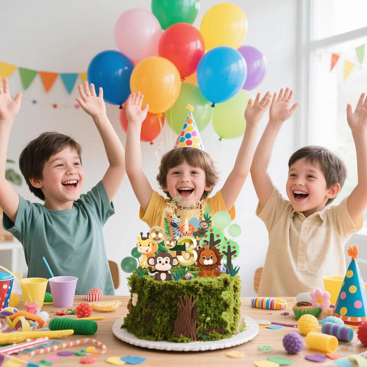 3st Birthday Safari Cake Toppers Set - 3D Lion, Monkey, Giraffe with Number 3 Candle, 8 Grass, Trees & Balls - 21PCS Jungle Animal Cake Decorations Kit for Boys Girls 3 Year Old Party (3st)