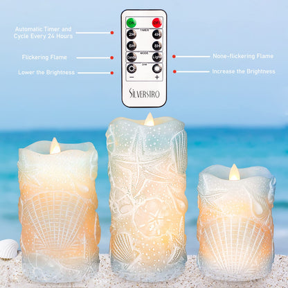 Silverstro Ocean Flameless Candles Remote Carved Seashell Real Wax Flicker Battery Operated Candles for Home Party Wedding Nautical Thanksgiving Christmas Easter Decor - Set of 3(Blue)