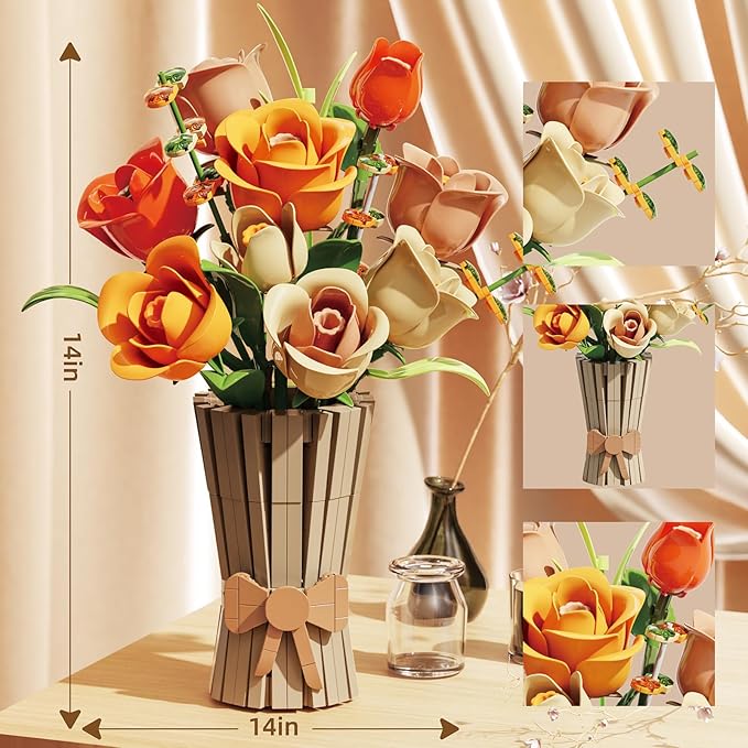 Flowers Bouquet Building Set 868 PCS Rose Botanical Collection Kit Artificial Flowers Toys Botanical Collection DIY Unique Home&ampOffice Bonsai Decoration Gift for Valentine's Day Mother's Day Chris