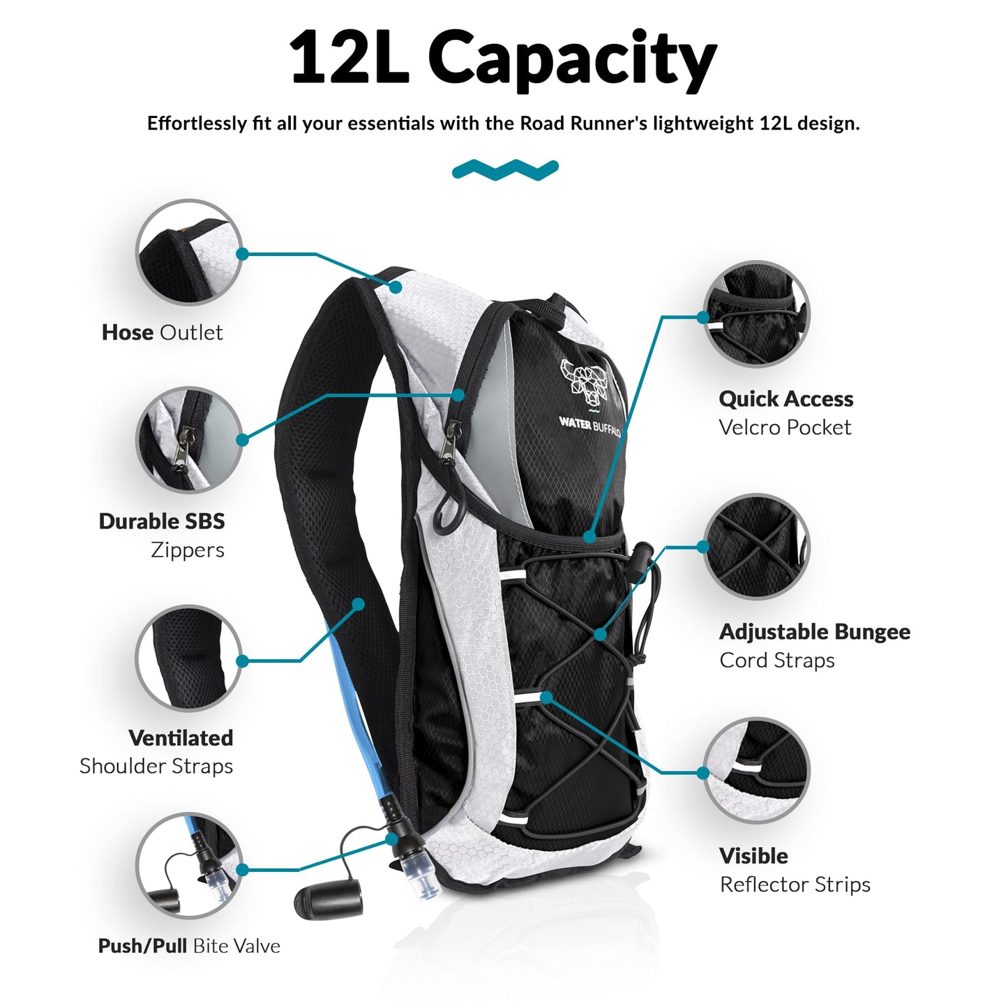 Road Runner Hydration Backpack – Lightweight Water Backpack with 2L Bladder - 12L Hydration Pack for Running, Hiking, Cycling & Outdoor Adventures