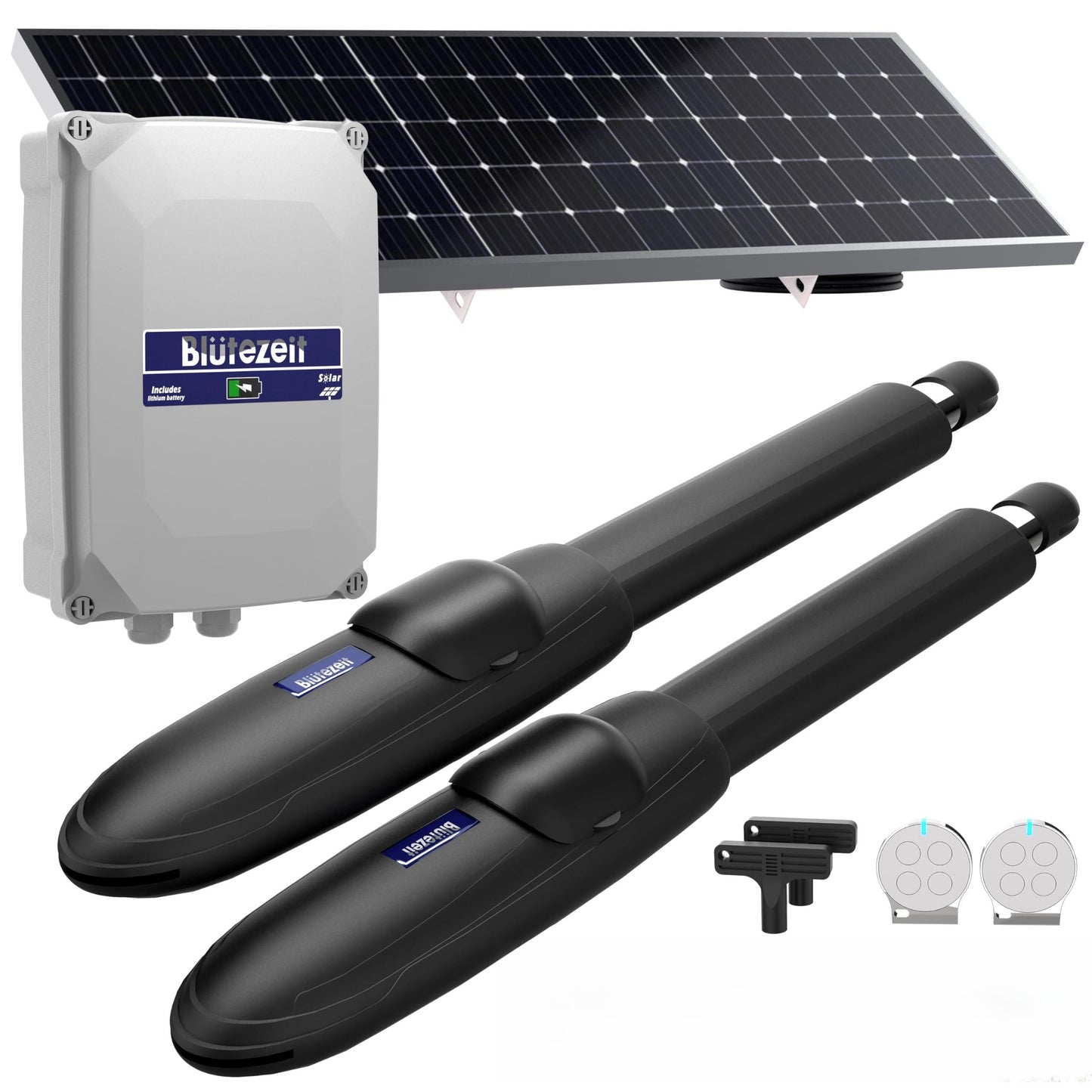 Blütezeit MS650 Solar Dual-Arm Swing Gate Opener + Visor Clip Remote – 1760 lb Operator with 24V Battery, 25W Solar Panel & Car-Mount Remote