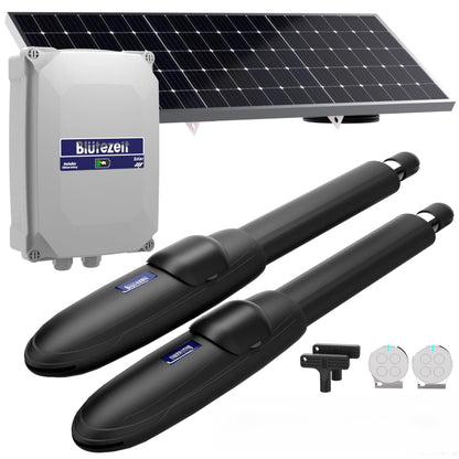 Blütezeit MS650 Solar Dual-Arm Swing Gate Opener + Visor Clip Remote – 1760 lb Operator with 24V Battery, 25W Solar Panel & Car-Mount Remote