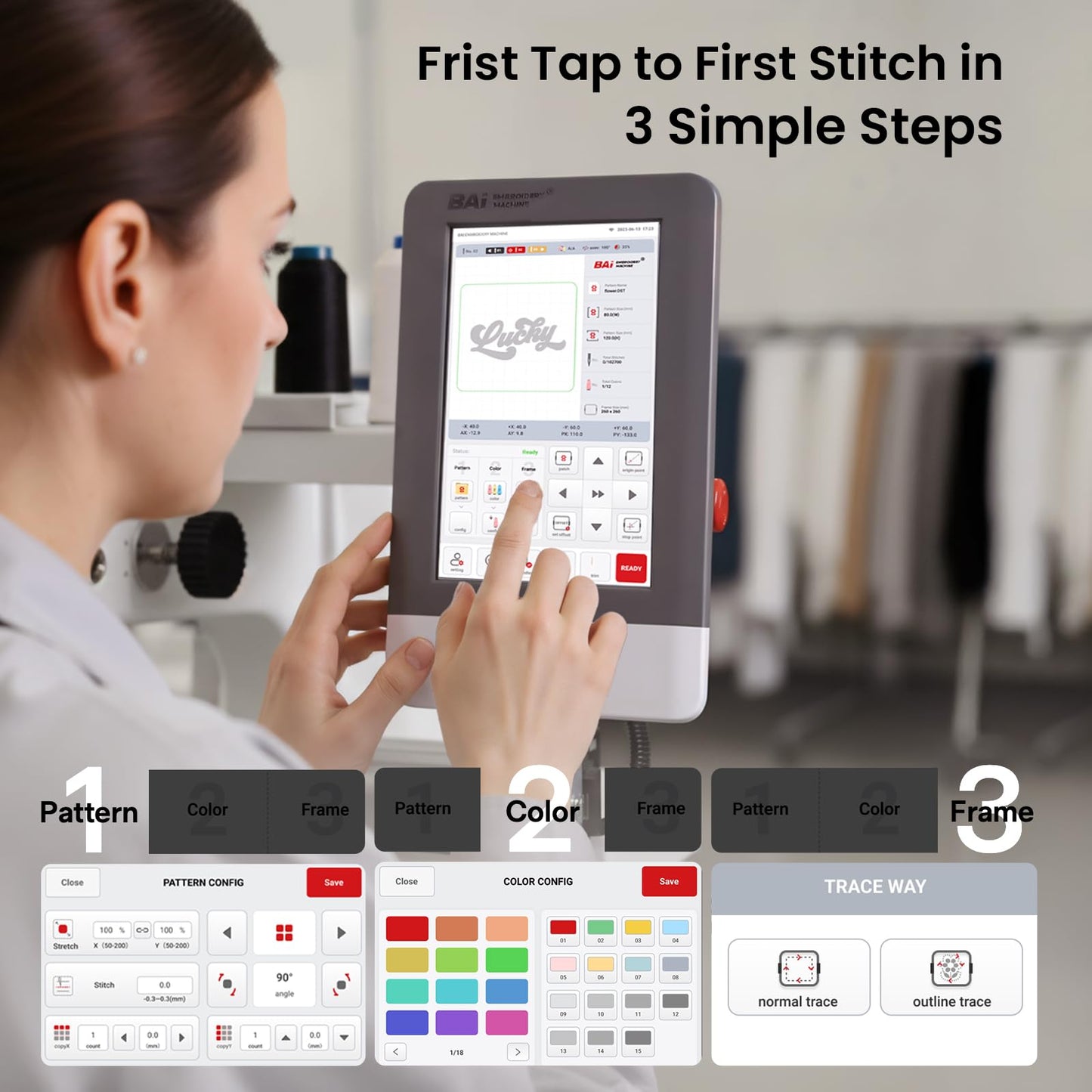 BAi The Mirror 15 Needle 20"x14" Large Area Commercial Embroidery Machine,1200 SPM High Speed & 850 SPM on Hat,Institch OS5 Intuitive Control,Software included Wi‑Fi/USB Transfer