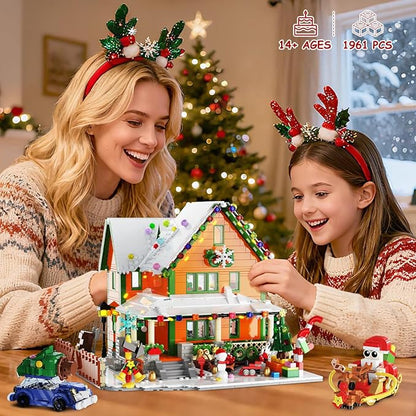 Christmas House Mini Building Set with Light PLAXSOON 1961 PCS Holiday Snow Village Architecture Model Building Block with Santa Claus Sleigh Xmas Display Toy Set for Adults Kids Boys Girls Ages 14+