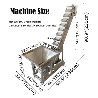 EQCOTWEA Electric Bucket Elevator Conveyor with Tilting Flip-Up Hopper Feeder 40gal Loading & Transfer Machine Stainless Steel Industrial Feeding System 220V/1PH