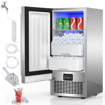 Under Counter Ice Maker 120lbs/24h, 2 in 1 Commercial Ice Machine & Beverage Refrigerator with 2 Drawers & 30lbs Storage, Stainless Steel Reversible Door, Adjustable Ice Thickness for Home Bar Kitchen