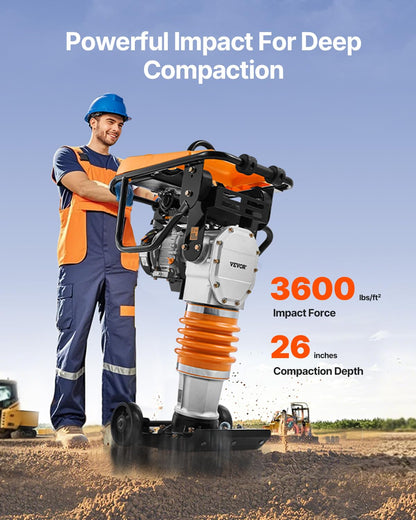 VEVOR Jumping Jack Compactor, 6.5 HP Vibratory Rammer Fuel-Powered 196 cc Engine Tamper, 3600 lbs Impact Force, 26" Max Compaction Depth, for Soil, Gravel, Footings, Concrete Slabs, and Foundations