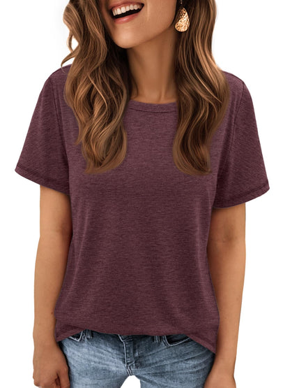 ATHMILE Womens Tops Dressy Casual T Shirts Crewneck 2025 Summer Casual Tops Fitted Shirts Basic Tee Wine Red
