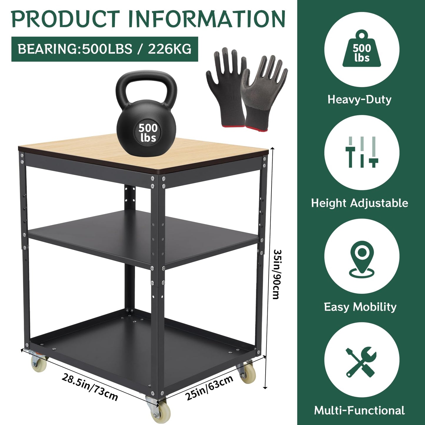 Planer Stand,Rolling Adjustable Planer Table, Heavy Duty Steel Workbench for Miter Saw, Table Saw, and Benchtop Power Tools, 500 lbs Capacity 3-Tier Tool Storage for Workshop & Garage