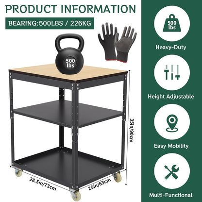 Planer Stand,Rolling Adjustable Planer Table, Heavy Duty Steel Workbench for Miter Saw, Table Saw, and Benchtop Power Tools, 500 lbs Capacity 3-Tier Tool Storage for Workshop & Garage