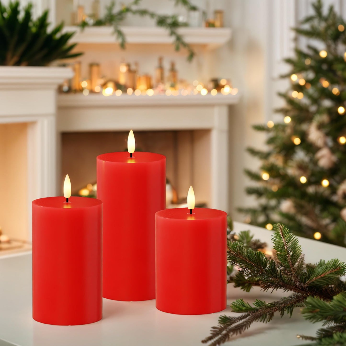 JOIONE Flameless Pillar Candles with Remote, 3 Pack Battery Operated Real Wax LED Candles, Perfect for Home Decorations Fireplace Table, Red