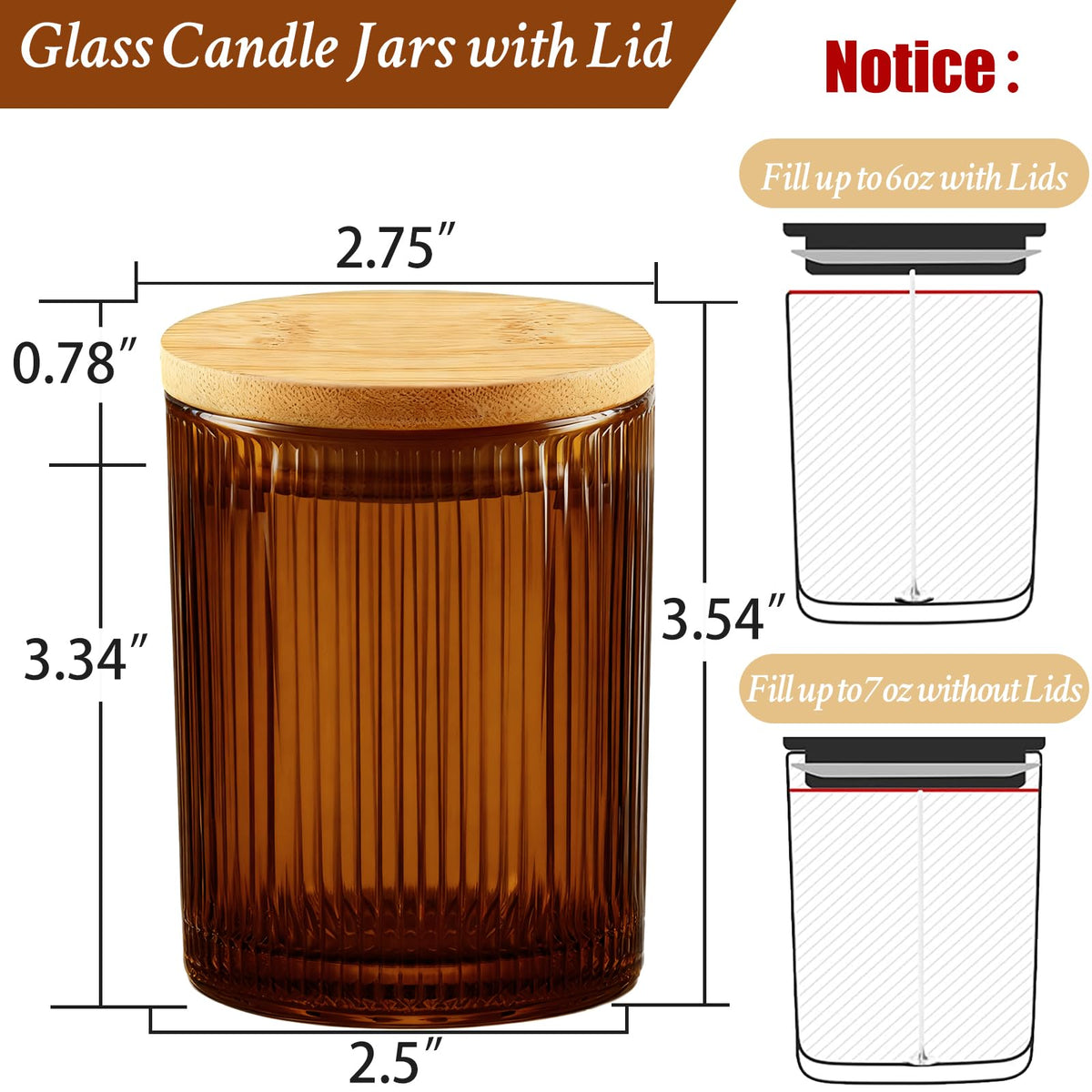 CONNOO 16pcs Ribbed Candle Glass Jars with Natural Bamboo Lids, 7oz Thick Containers for Candle Making with Wicks & Stickers, Ribbed Amber Jars for DIY Projects, Bulk Orders, Gifts & Home Décor