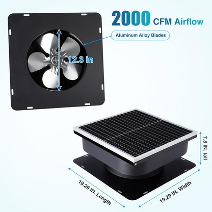 PATIOASIS Solar Attic Fan 30W Controller-Free Auto Ventilates Up to 2800 Sq Ft, Solar Roof Vent with 5-Blade Alloy Fan & Adjustable Panel for Home, Garage