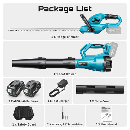 SEESII Cordless Hedge Trimmer and Leaf Blower Combo, 2 Pcs 4.0Ah Batteries, Electric Handheld Bush Trimmer with 20" Dual-Action Blade, Lightweight Brushless Blower with 2 Speed Modes for Yard Garden