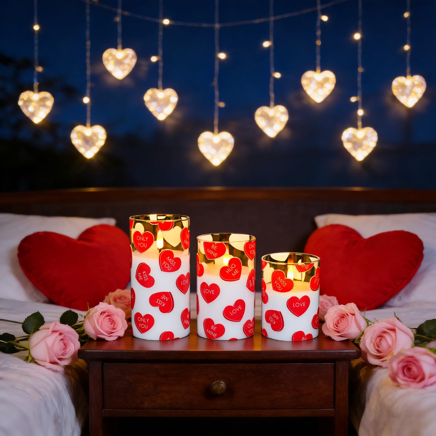 Lebaley 3PCS Valentine Flameless Candles with Remote,Valentine Candles,Love Heart Pillar Candle,Battery Operated LED Candles, Valentines Day Candles for Wedding Anniversary Romantic Night