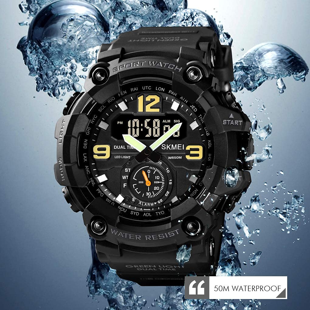 Mens Analog Digital Dual Display Sports Watches Military Multifunctional 50M Waterproof LED Watch with Alarm Stopwatch Backlight 12H/24H Outdoor Running Swimming (Y Army Green)