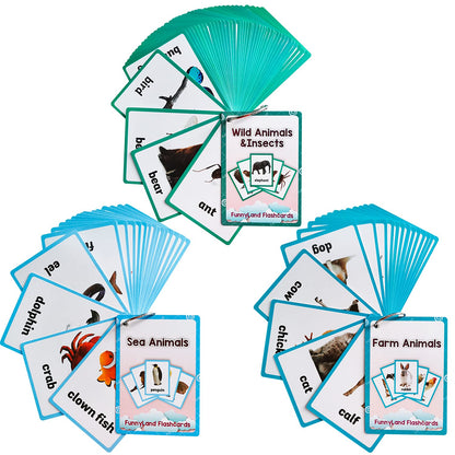 Lilias Wild Animals / Farm Sea Flash Cards, English Words Learning Pocket Card for Toddlers, Toddler Toys, Supplies Kindergarten Preschool, 3 Themes Set, WC007,008,009