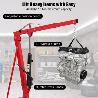 EliteEdge 2 Ton Engine Hoist, Folding Cherry Picker Engine Hoist with Lever, 6 Casters, 4400lbs Hydraulic Engine Crane, Heavy Duty Shop Cherry Picker for Garage and Workshop Engine Lifting
