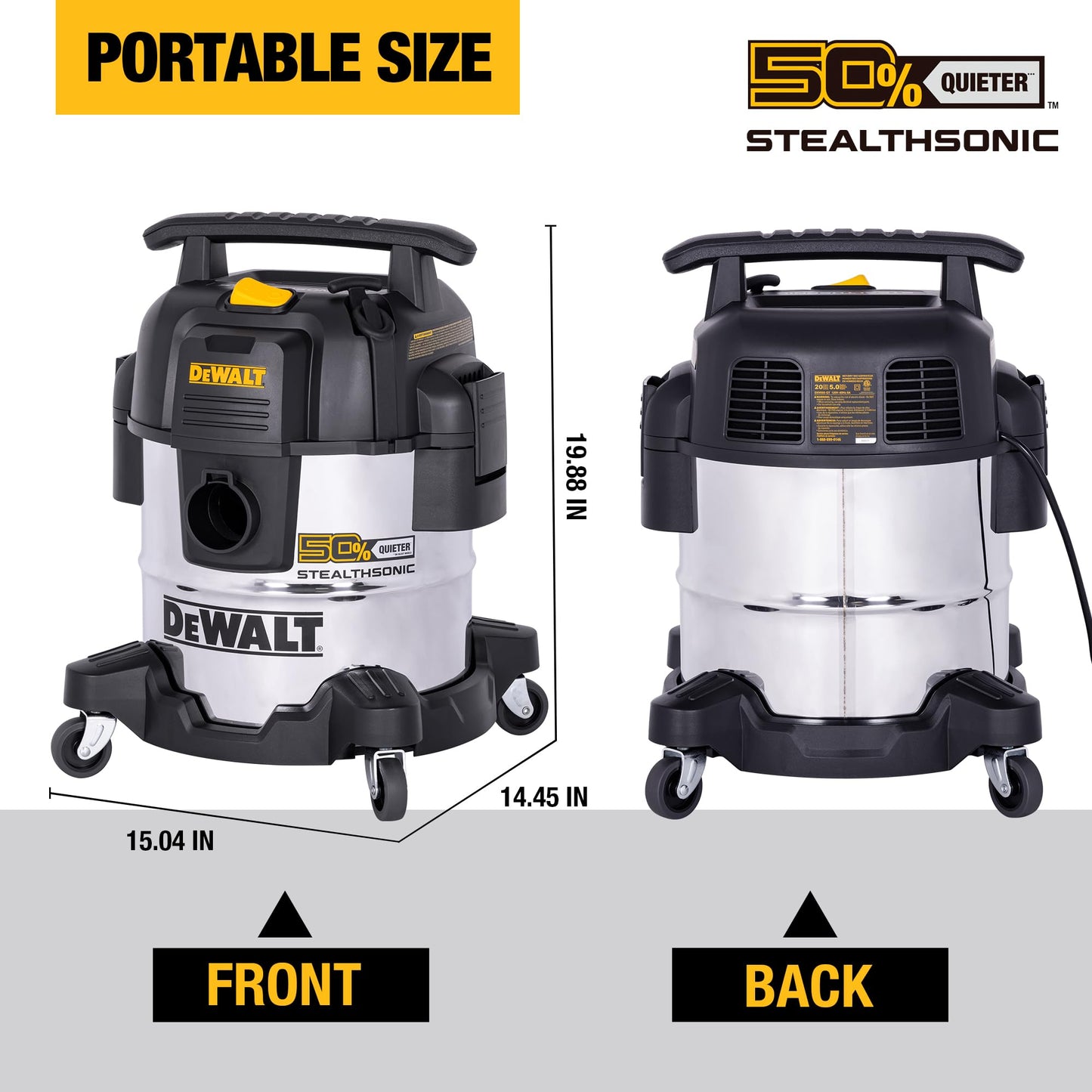 DEWALT 5 Gallon 4 HP STEALTHSONIC Shop Vacuum Wet and Dry DXV05S-QTB with 6 Dust Bags Ultra Quiet Stainless Steel Wet/Dry Vacuum Cleaner with Powerful Suction for Garage, Jobsite, and Workshop