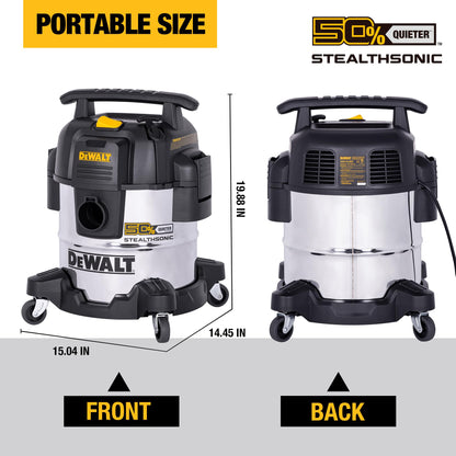 DEWALT 5 Gallon 4 HP STEALTHSONIC Shop Vacuum Wet and Dry DXV05S-QTB with 6 Dust Bags Ultra Quiet Stainless Steel Wet/Dry Vacuum Cleaner with Powerful Suction for Garage, Jobsite, and Workshop