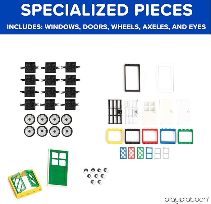 Play Platoon 1100 Pieces Building Bricks Set - 10 Classic Color Blocks - Bulk Building Blocks Compatible with Major Brands 14 Different Shape Bricks - Includes Wheels Tires Axles Windows &amp Doo