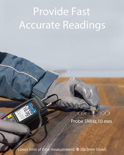 Wintact Digital Ultrasonic Thickness Gauge, Range 0.039 to 11.81 in with Probe for Measuring Metal and Nonmetal Materials, Steel, Cylinder Wall, Plastic, Glass, PVC, Pipes (WT100A)