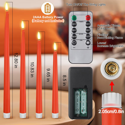 Rossesay 28 Pcs Flameless Taper Candles with Timer Remote 4 Sizes of 8.5", 9.6", 10.83", 12.8" LED Flickering Taper Candles Battery Operated for Valentine's Day Church Wedding Home Decor(Orange)