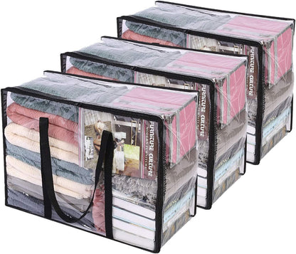 Vieshful 3 Pack Clear Clothes Storage Bag, 40L Plastic Blanket Storage Bag with Zipper, Foldable Closet Organizer, Moving bags for Comforter, Blanket, Bedding, Duvet, Toys
