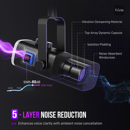 FIFINE XLR/USB Gaming Microphone Set, Dynamic PC Mic for Streaming Podcasting, Computer RGB Mic Kit with Boom Arm Stand, Mute Button, Headphones Jack, for Recording Vocal Voice-Over-AmpliGame AM8T