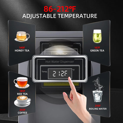 Commercial Hot Water Dispenser Commercial Water Boiler Electric Countertop Hot Water Machine Black 25L(6.6GAL)/Hour Step-heating 86-212°F Adjustable for Boba Tea Coffee Office Restaurant 1600W