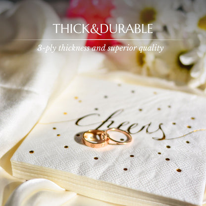 White and Gold Cocktail Napkins - Pack of 100 Disposable Bar Napkins - Wedding Baby Shower Birthday Graduation Dessert - 3 Ply - By Simple-Glee