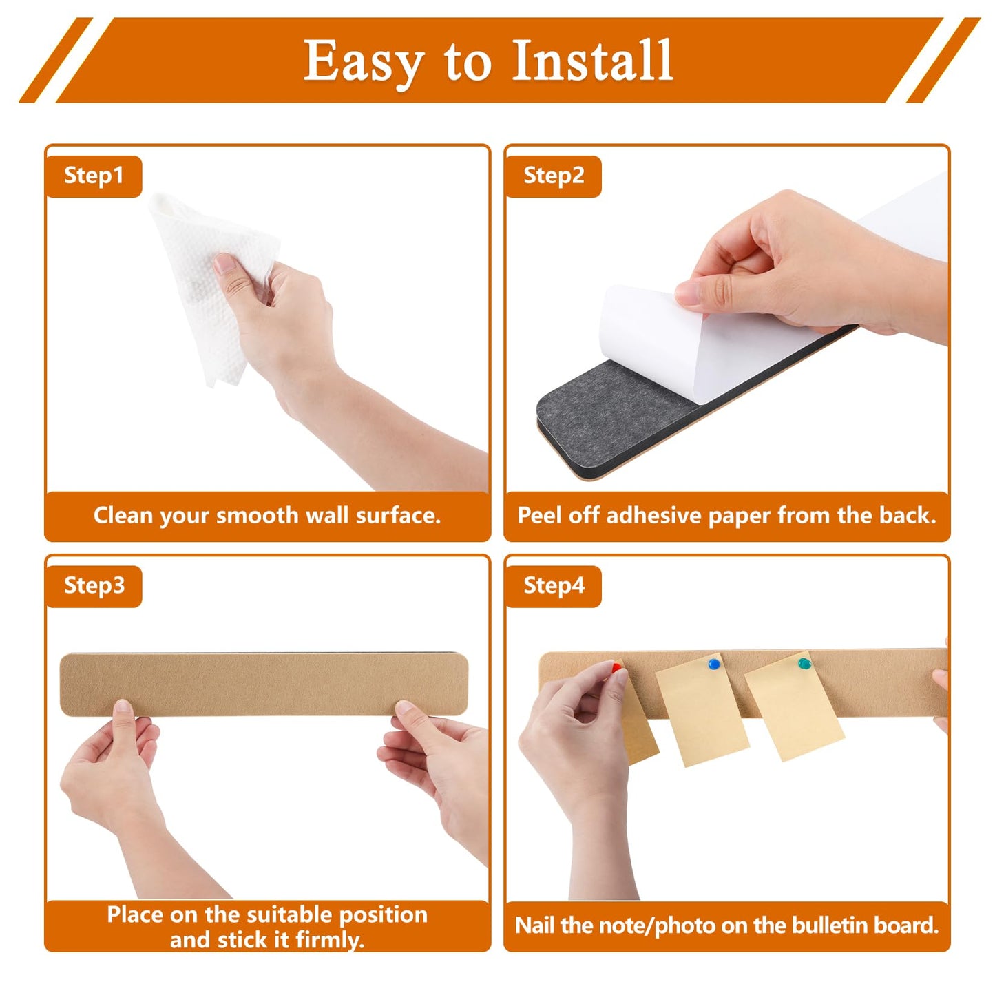 HULAVO 8Pcs Rectangle Felt Cork Board Bar Strips with 35 Pushpins, Self-Adhesive Bulletin Board Strips for Office School Home Wall Decor Stickers Memos Schedules Photos Display -Camel & Grey
