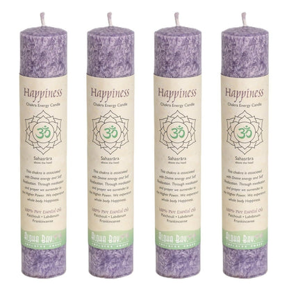 Premium Scented Candle Hand Made Chakra Energy Pillar | 4-Pack | Happiness, Sahasrara | Yoga, Prayer & Meditation Candle | Long Burn 15 Hours | Essential Oils of Patchouli & Frankincense | Aloha Bay