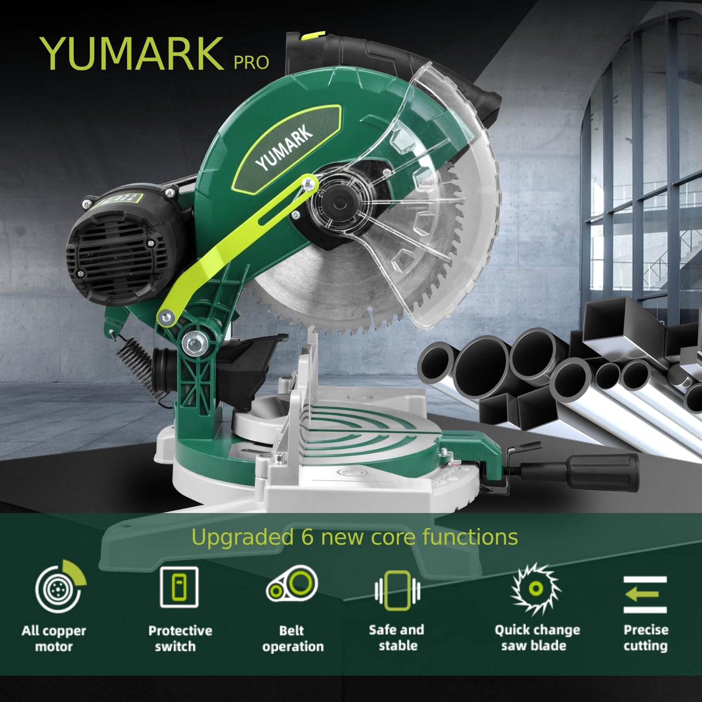Yumark 10-inch Miter Saw 6000RPM Corded Power Wood Circular Saw with Precision Miter Angles, Lightweight Design, 45° Adjustable Table