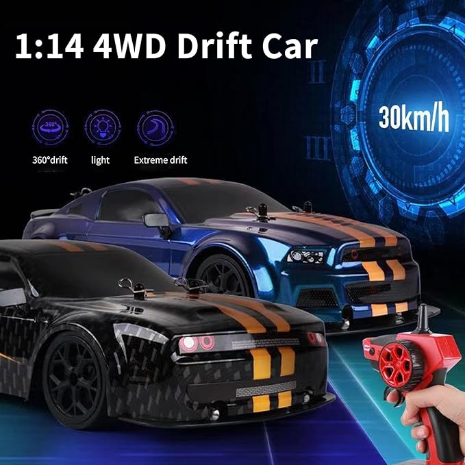 RC Drift Car 4 WD High Speed 30 KM/H Remote Control Car1:14 Scale Drifting Tires Racing Sport Toy 2.4GHz RC Racing Car with Cool Lighting for Adults