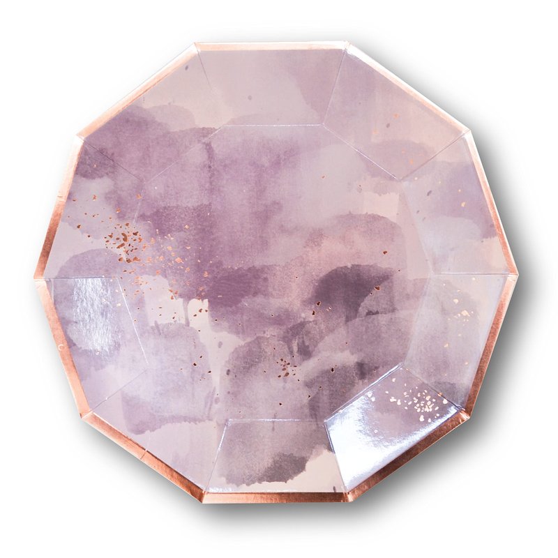 Harlow & Grey Amethyst Large Party Plates Set, 24 Ct Pack, 9.75” Elegant Disposable Paper Dinnerware Supplies for Birthday, Wedding, Shower, Anniversary, Holiday, Purple Watercolor & Rose Gold