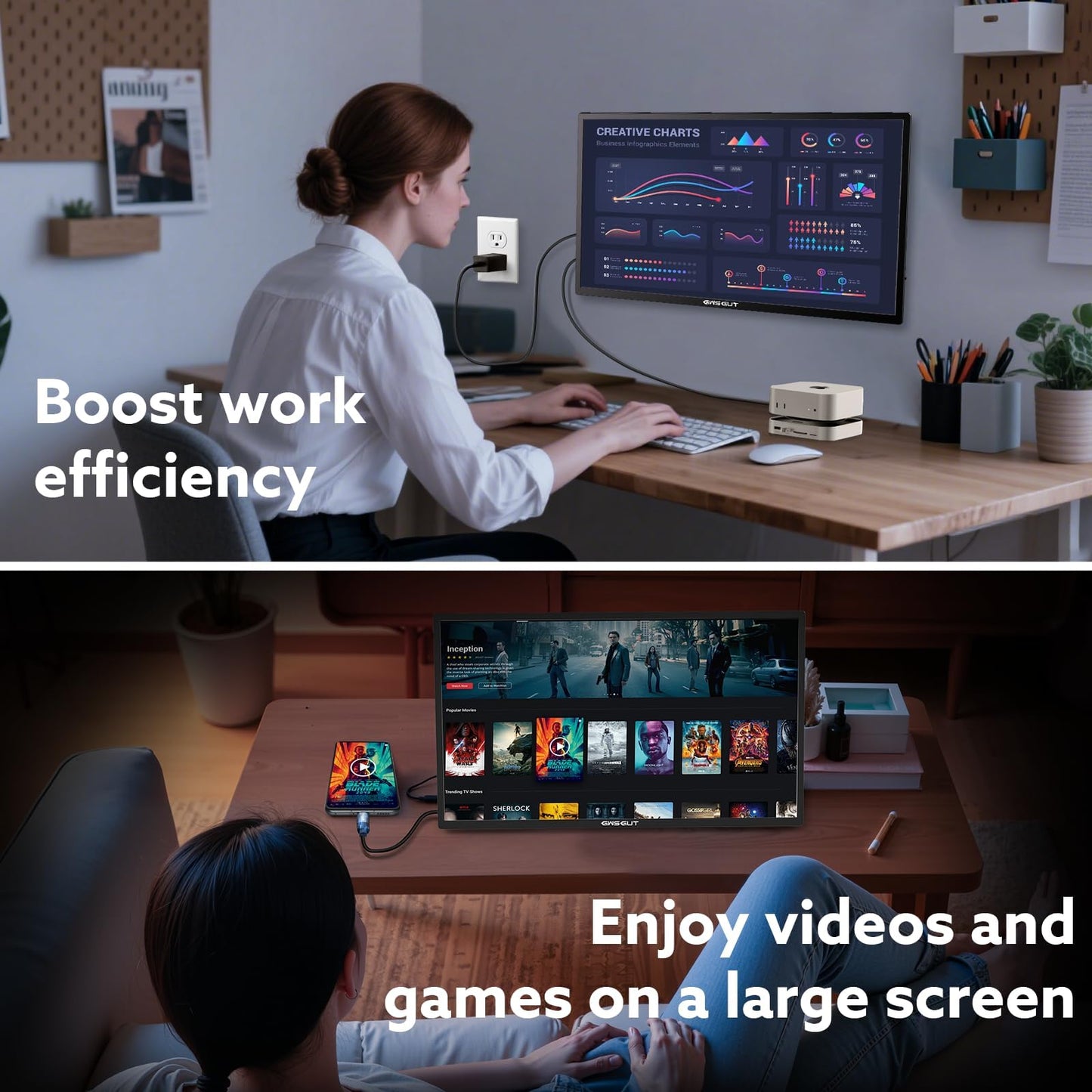 GWSGUT 23.8'' Portable Monitor 4K UHD 60Hz 120% sRGB, VESA USB-C HDMI Laptop Screen Extender, Built-in Stand Speakers for Laptop PC Mac Phone PS4/5 Xbox Switch