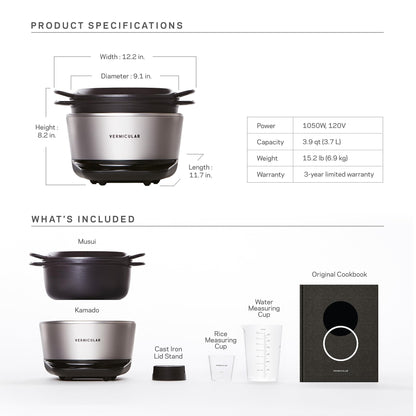 Vermicular Musui–Kamado | Cast Iron Induction Cooker for Waterless Cooking | Precision Temperature Control | Japanese Multicooker & Rice Cooker (120V) | Non-Toxic Enameled Cast Iron Pot | Sea Salt