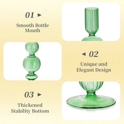 Hewory Glass Candlestick Holders Set: 3PCS Green Candle Holder Taper Candle Holders Bulk, Crystal Ribbed Candle Sticks Holder Decor for Table Centerpiece Wedding Christmas Thanksgiving Dinner