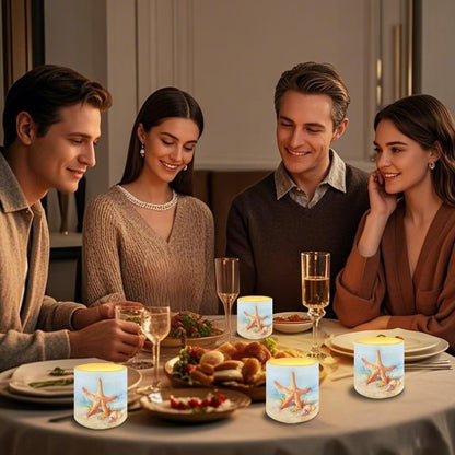NETILGEN Beach Starfish Print 4 Pieces Flameless Candles with Remote Timer with Battery Operated 3 inch Realistic Flickering Flameless LED Candles Beach Party Decor