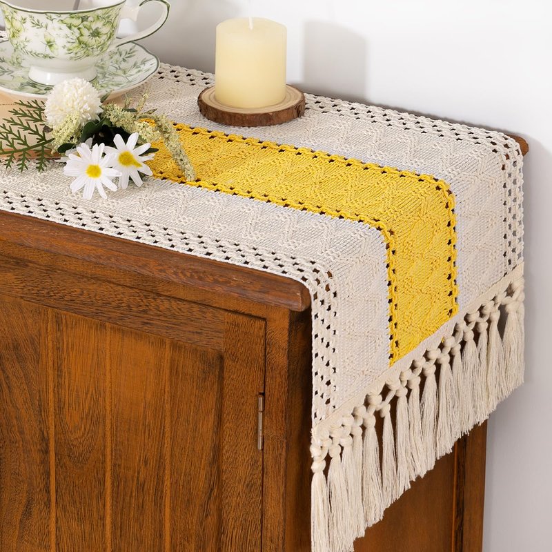 Socomi Boho Table Runner Macrame Summer Farmhouse Woven Cotton Linen Rustic Coffee Table Runner with Tassels for Dresser Scarf Home Decor Dining Room 12x90 inYellow Gold Ivory