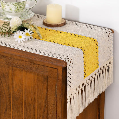 Socomi Boho Table Runner Easter Spring Farmhouse Rustic Dining Kitchen Centerpiece Decor Small Macrame Woven Cotton Coffee Table Runner for Dresser Scarf Home Decor 12x72 in Yellow Gold Ivory